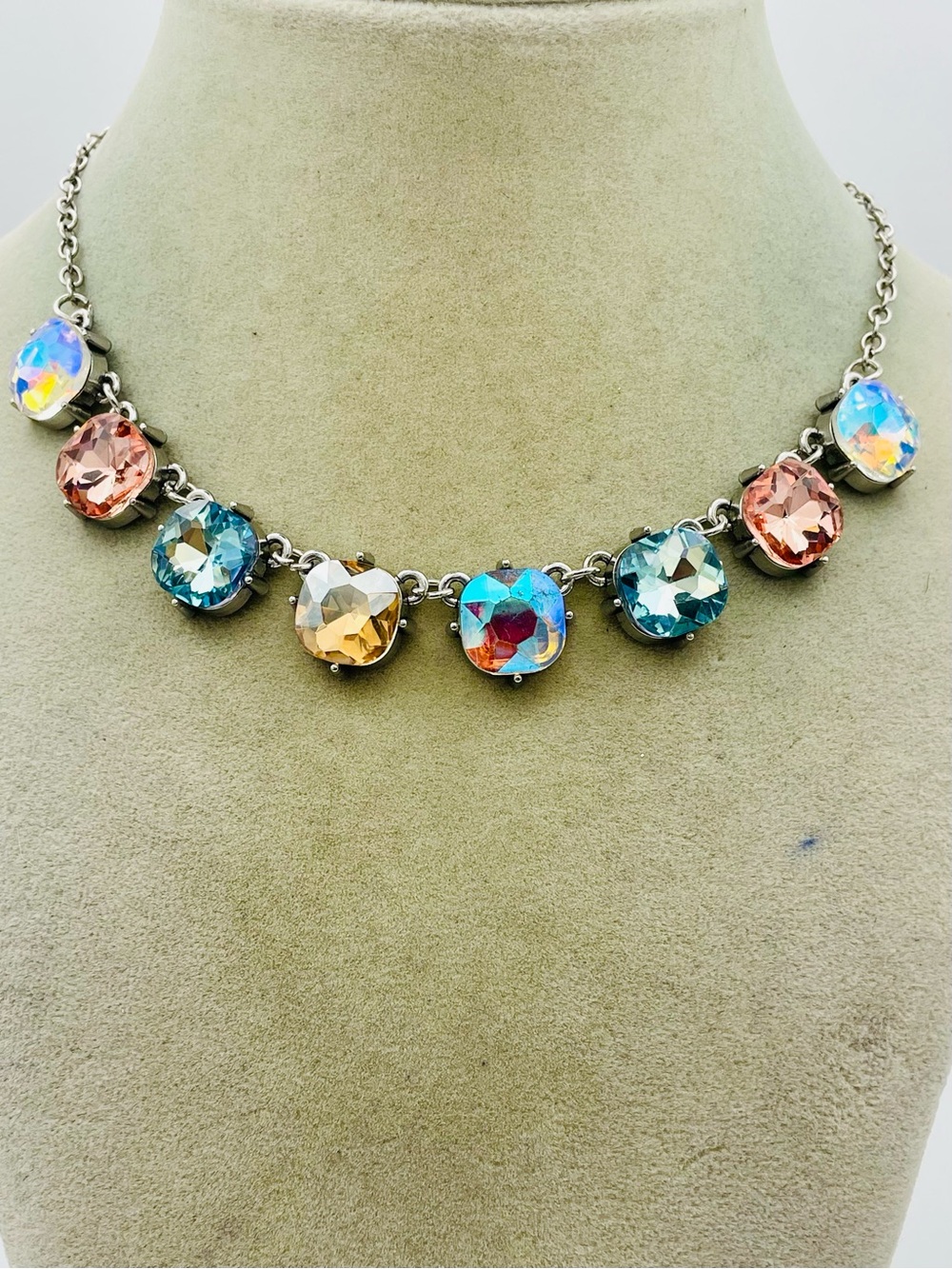 Multicolor Crystal Drop Necklace - Sparkling Round Gems. 16 inches, 3 inch ext